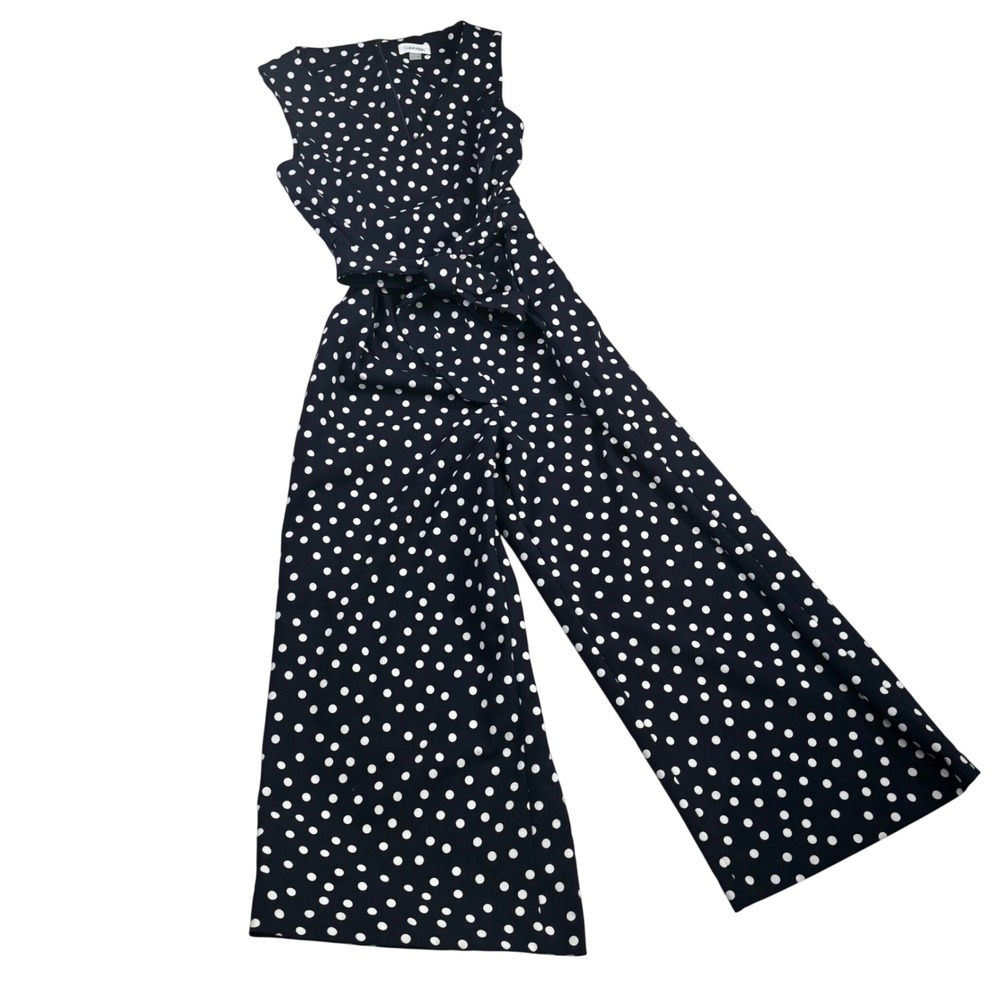 Calvin Klein Navy Blue Polka Dot Crop Wide Leg Jumpsuit V-Neck Tie Waist 10